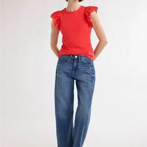 Red Eyelet Flutter Sleeve Tee from Free Assembly - NWT szM